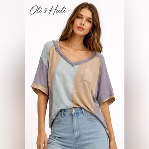 OLÍ & HALI Exposed Seam Asymmetrical Colorblock Oversized Tee Size Large